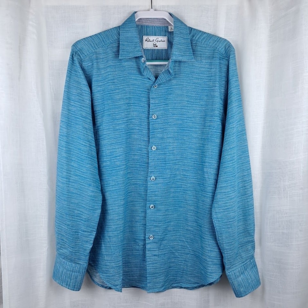 Robert Graham M BRIXTON Linen Blend Button Up Shirt Turquoise Blue Flip Cuff